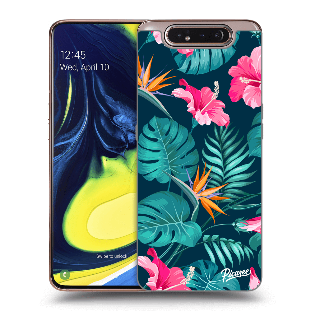 Picasee Samsung Galaxy A80 A805F Hülle - Schwarzes Silikon - Pink Monstera