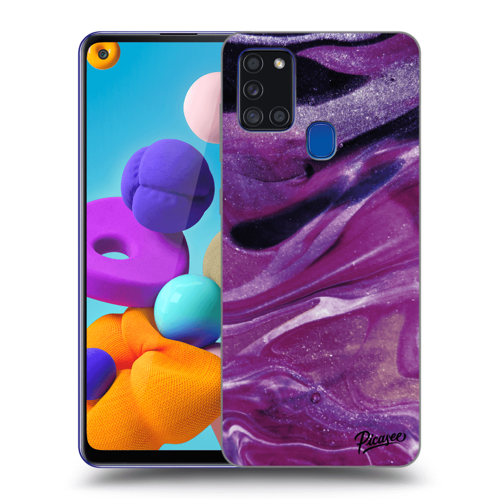 Picasee Samsung Galaxy A21s Hülle - Transparentes Silikon - Purple glitter