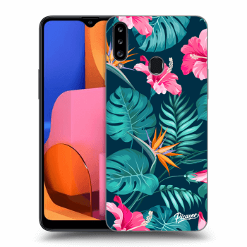 Picasee Samsung Galaxy A20s Hülle - Schwarzes Silikon - Pink Monstera