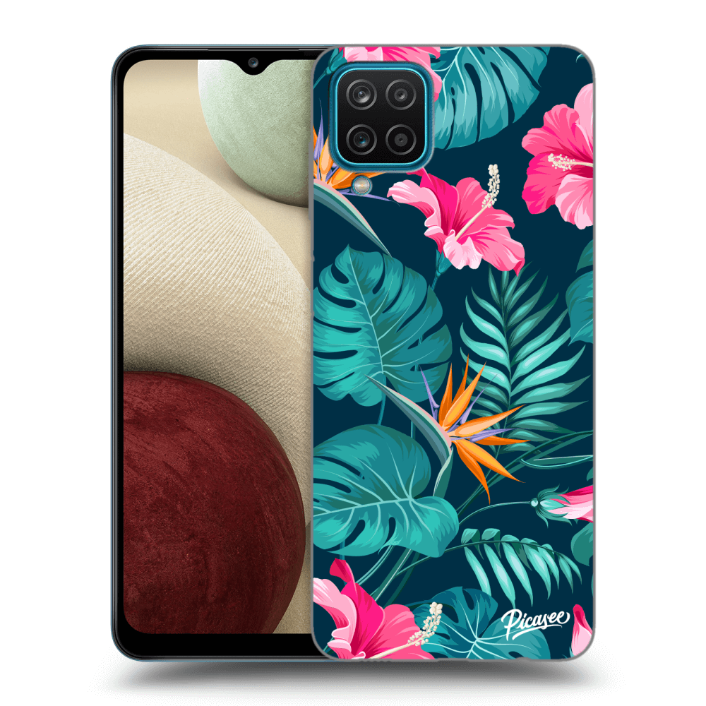 Picasee Samsung Galaxy A12 A125F Hülle - Schwarzes Silikon - Pink Monstera