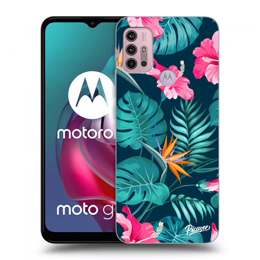 Picasee Motorola Moto G30 Hülle - Schwarzes Silikon - Pink Monstera