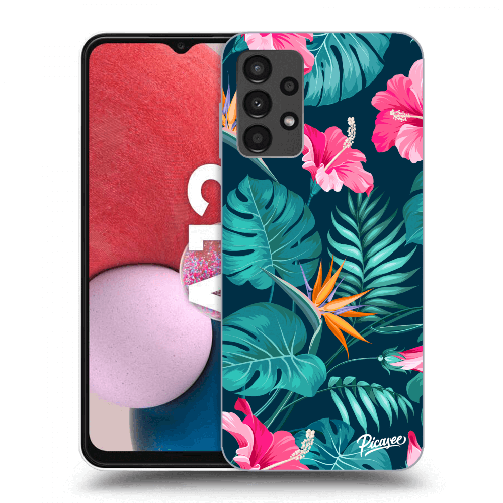 Picasee Samsung Galaxy A13 4G A135 Hülle - Schwarzes Silikon - Pink Monstera