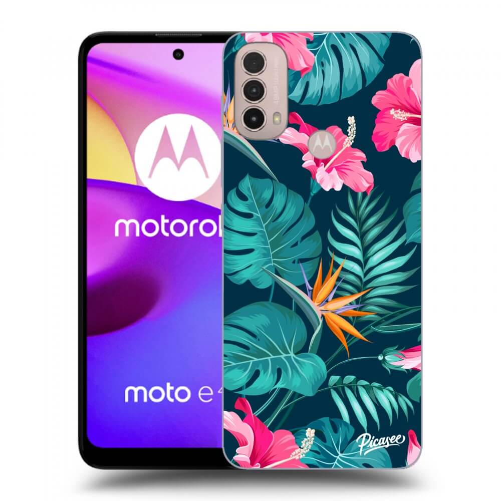 Picasee Motorola Moto E40 Hülle - Schwarzes Silikon - Pink Monstera