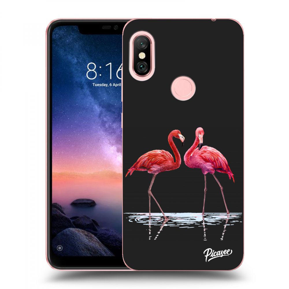 Picasee Xiaomi Redmi Note 6 Pro Hülle - Schwarzes Silikon - Flamingos couple