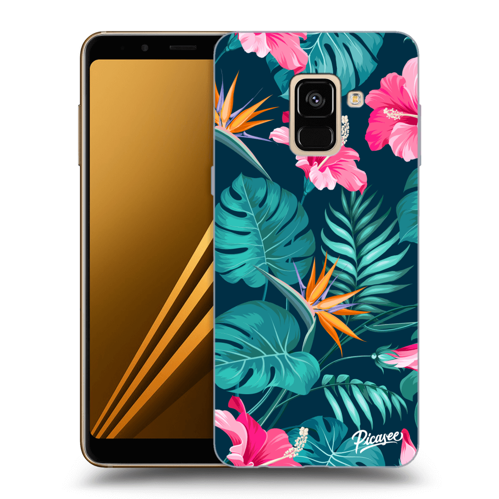 Picasee Samsung Galaxy A8 2018 A530F Hülle - Schwarzes Silikon - Pink Monstera