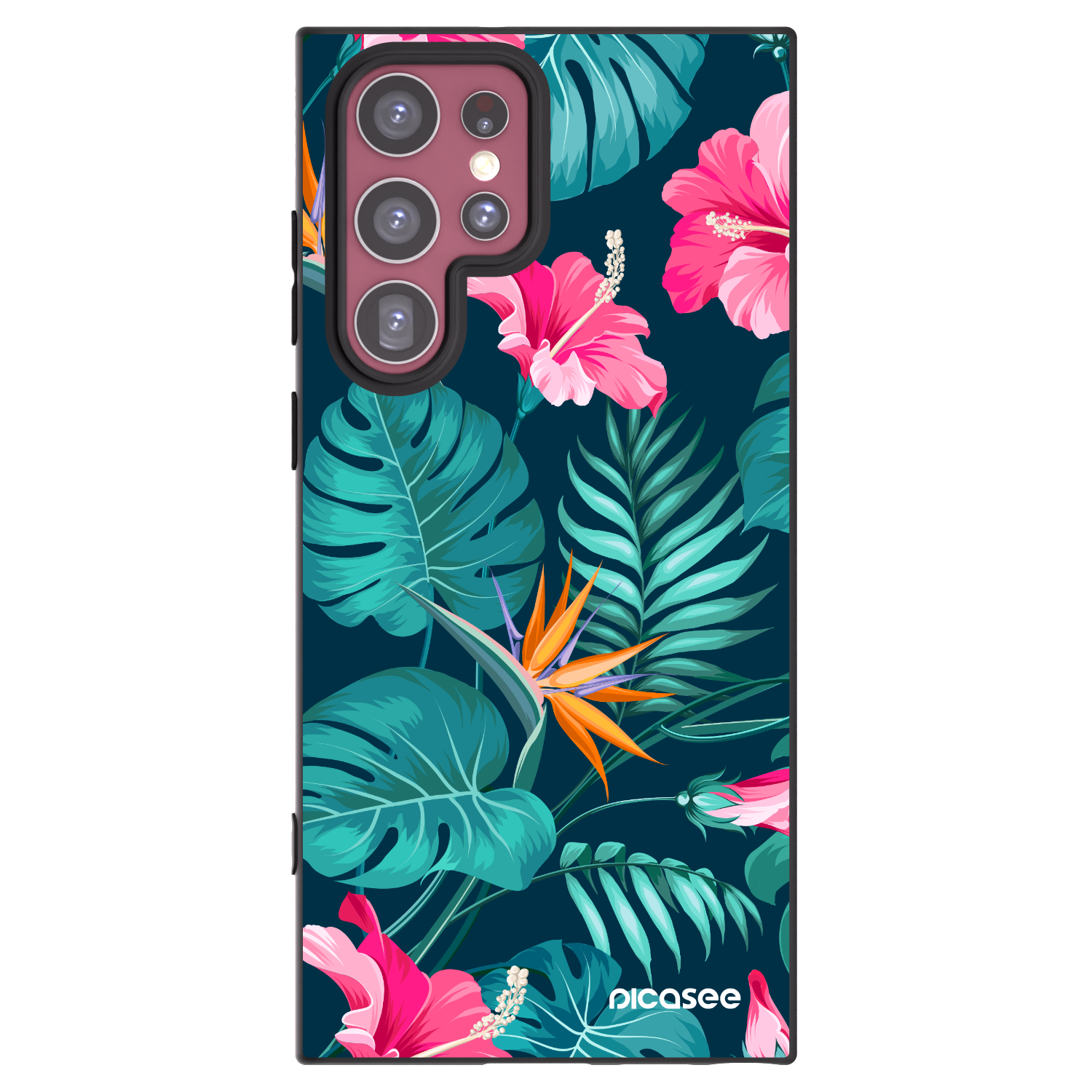 Picasee Samsung Galaxy S22 Ultra 5G Hülle - Schwarzes Silikon - Pink Monstera