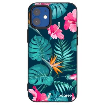 Picasee Apple iPhone 12 mini Hülle - Schwarzes Silikon - Pink Monstera