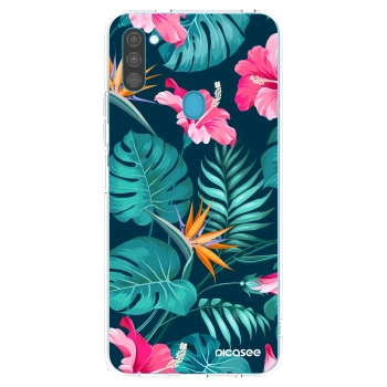 Picasee Samsung Galaxy M11 Hülle - Transparentes Silikon - Pink Monstera
