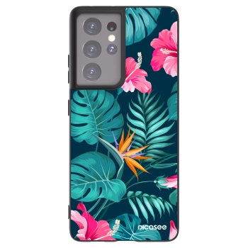 Picasee Samsung Galaxy S21 Ultra 5G G998B Hülle - Schwarzes Silikon - Pink Monstera