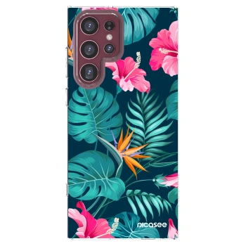 Picasee Samsung Galaxy S22 Ultra 5G Hülle - Transparentes Silikon - Pink Monstera