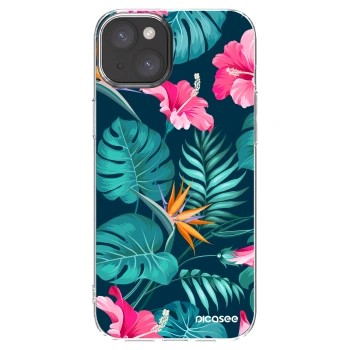 Picasee Apple iPhone 15 Plus Hülle - Transparentes Silikon - Pink Monstera