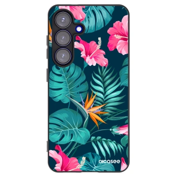 Picasee Samsung Galaxy S25 5G Hülle - Schwarzes Silikon - Pink Monstera