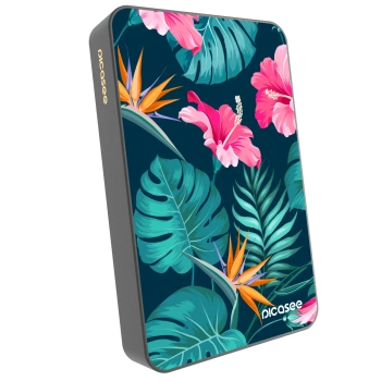 Picasee Powerbank mit MagSafe 10 000 mAh Grau - Pink Monstera