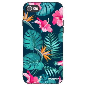 Picasee Apple iPhone SE 2020 Hülle - Schwarzes Silikon - Pink Monstera