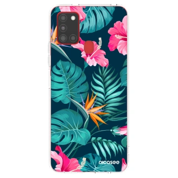 Picasee Samsung Galaxy A21s Hülle - Transparentes Silikon - Pink Monstera