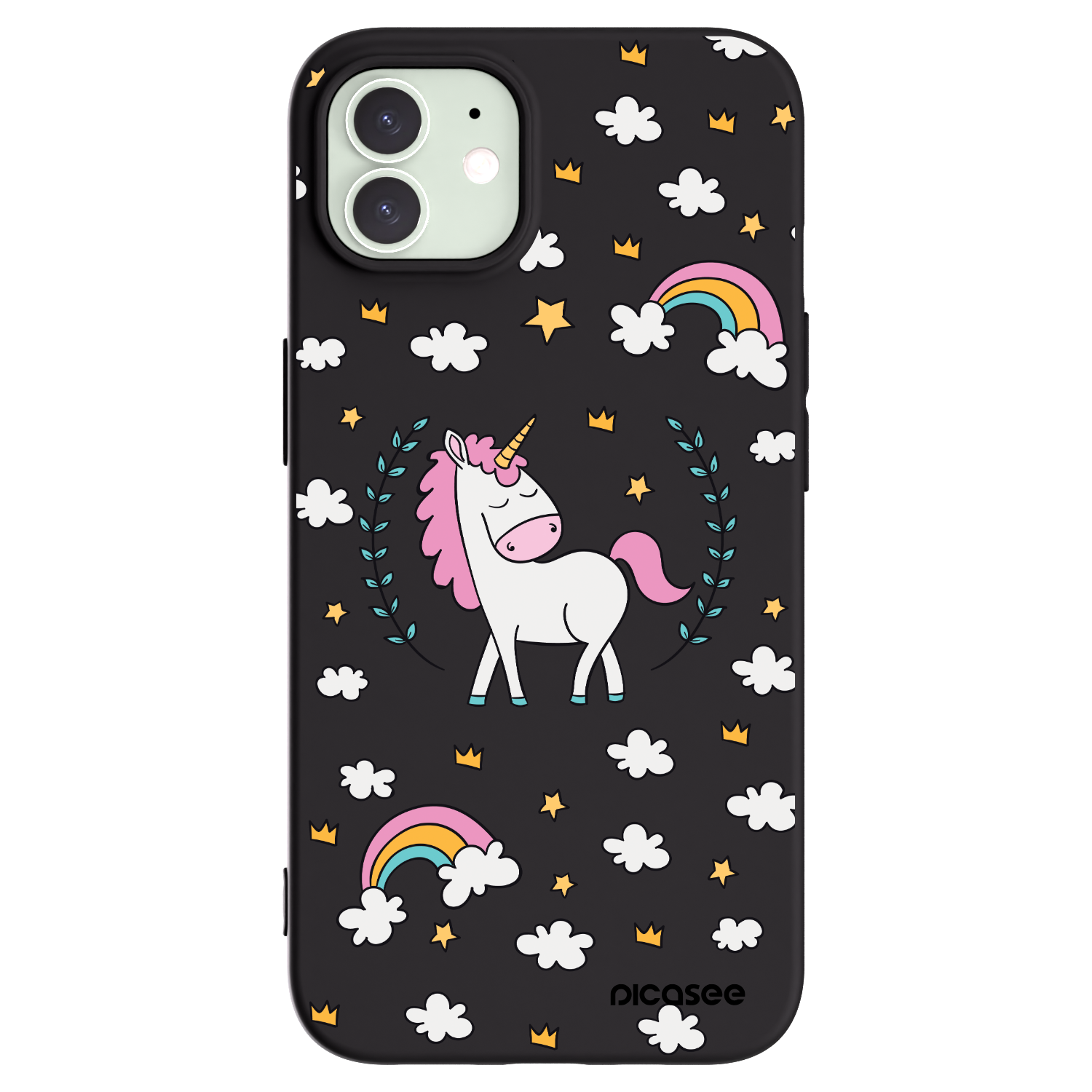 Picasee Apple iPhone 12 Hülle - Schwarzes Silikon - Einhorn Sternenhimmel