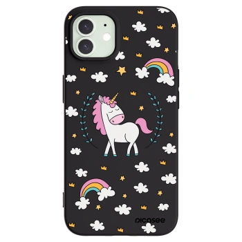 Picasee Apple iPhone 12 Hülle - Schwarzes Silikon - Einhorn Sternenhimmel
