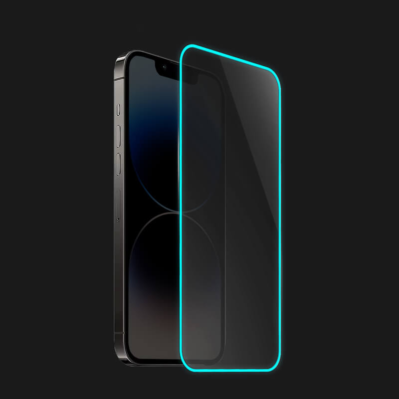 Picasee Gehärtetes Schutzglas mit einem im Dunkeln leuchtenden Rahmen für Apple iPhone 12 - Blau